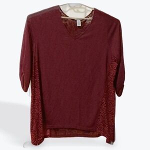 Catherines Womens Burgundy V Neck 3/4 Sleeve Burnout Velvet Side Panel Top 2X